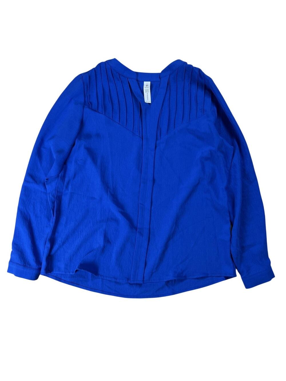 Blouse Womens L Blue V-Neck Long Sleeve Pleated Button Polyester Spandex